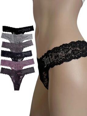 Juicy Couture Lace Rhinestone Monogrammed Thong Panty Panties 6 PAIR NWOT